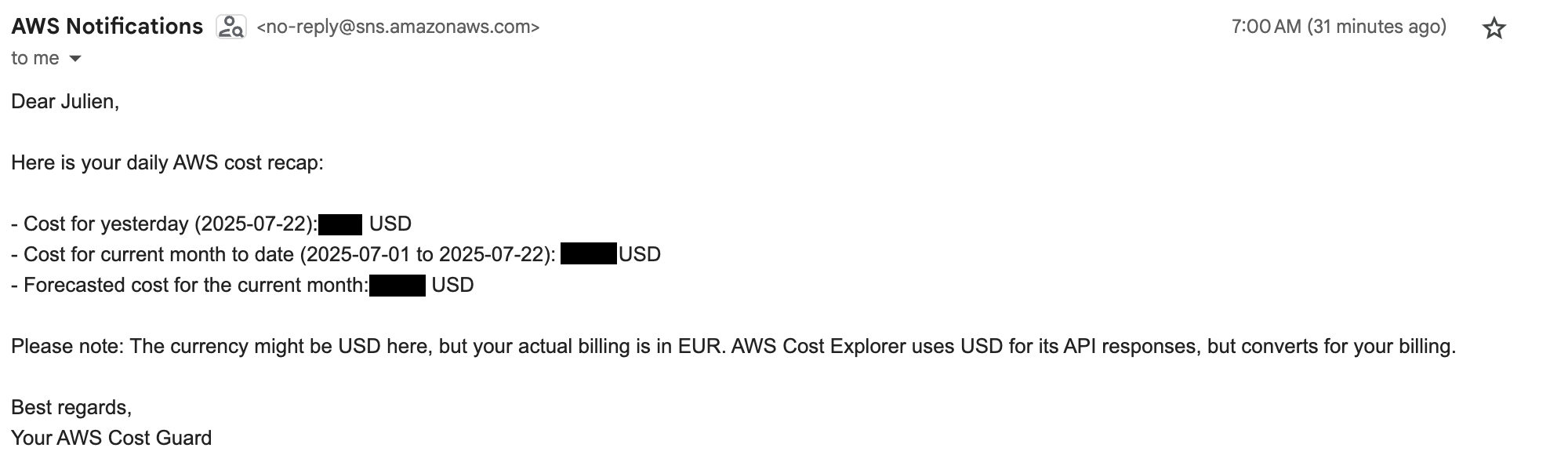 Daily Cost Recap Email Screenshot